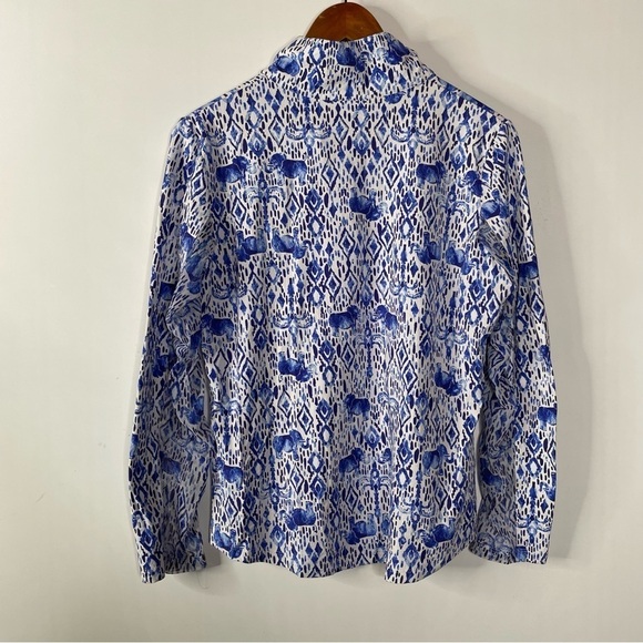 Ibkul Kendra Mock Neck Polo Top Blue Elephant Print Size Large - Picture 3 of 7